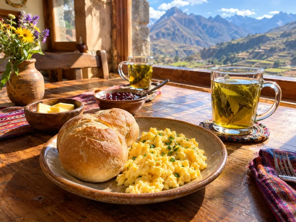 Ein einfaches Frühstück mit Brot, Eiern und Coca-Tee auf einem Tisch in einem Dorf-Restaurant